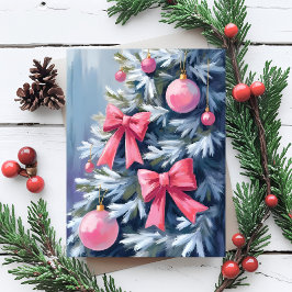 Pink Christmas Tree | Bows Ornaments Watercolor Feestdagenkaart