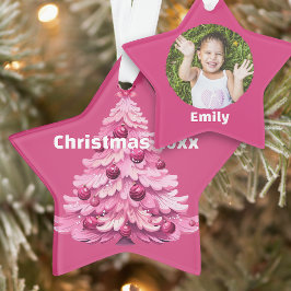 Pink Christmas Tree Dated Photo Star Ornament