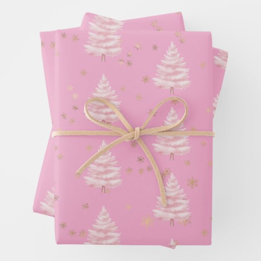 Pink Christmas Tree Gold Snowflakes Inpakpapier Vel (In situ)