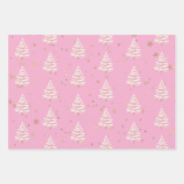 Pink Christmas Tree Gold Snowflakes Inpakpapier Vel