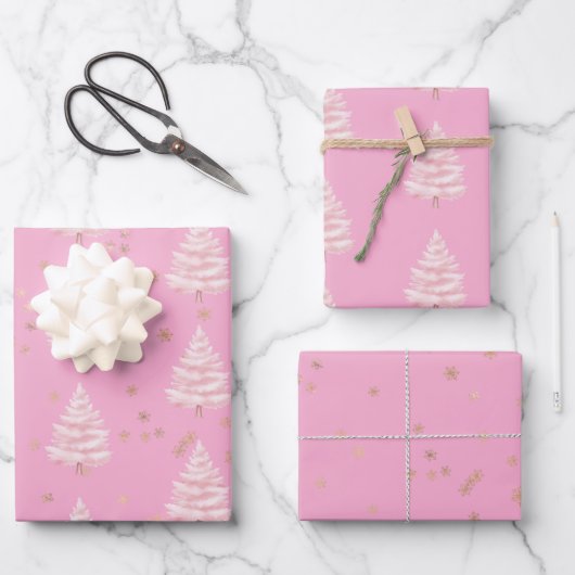 Pink Christmas Tree Gold Snowflakes Inpakpapier Vel (Voorkant)