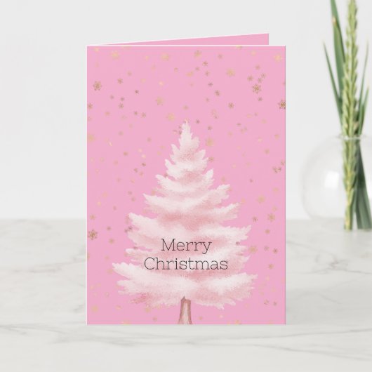 Pink Christmas Tree Gold Snowflakes Kaart (Voorkant)