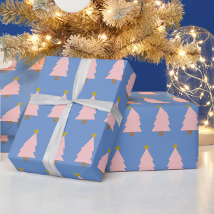 Pink Christmas Tree Line & Golden Star op blauw Cadeaupapier