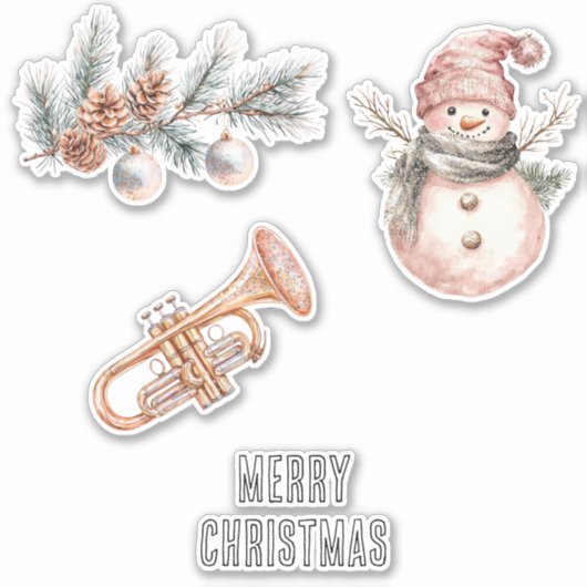 Pink Christmas Tree Pine Cones Ornaments Trumpet Sticker (Voorkant)