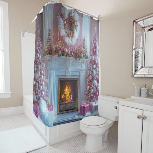 Pink Christmas Tree Pink Candles Fireplace Ostrich Douchegordijn (In situ)