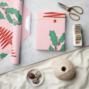 Pink Christmas trees and holly's Cadeaupapier