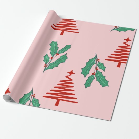 Pink Christmas trees and holly's Cadeaupapier (Uitgerold)
