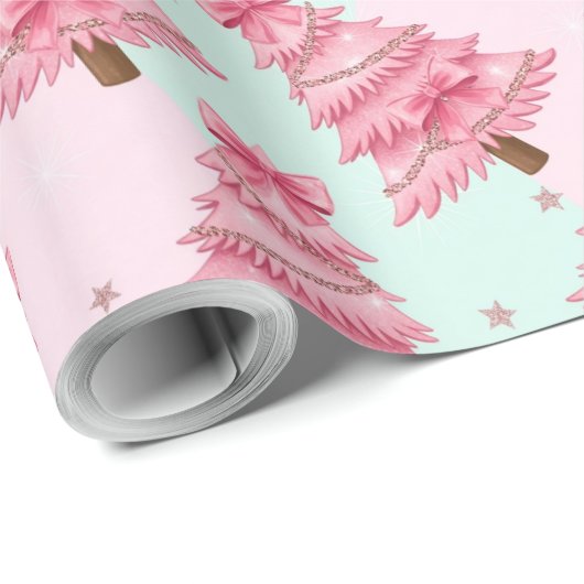 Pink Christmas trees decorated with bows. Cadeaupapier (Rol Hoek)
