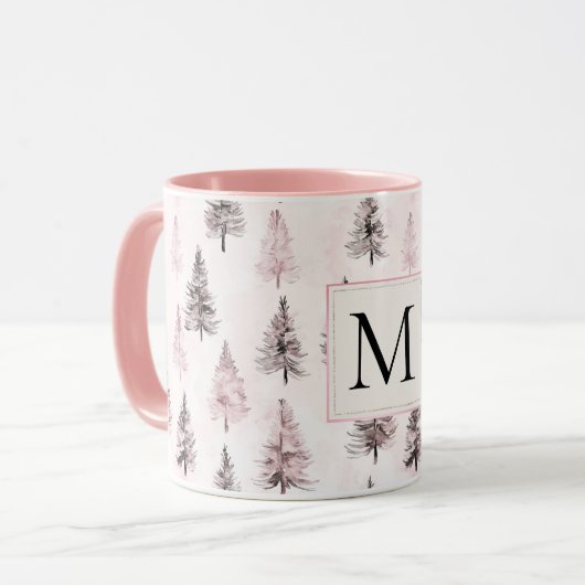 Pink Christmas Trees Monogram Mok (Voorkant links)