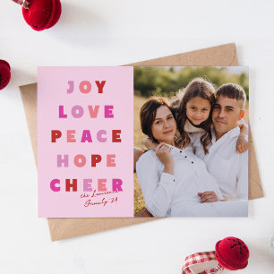 Pink Christmas Typography Joy Love Peace Hope Feestdagenkaart