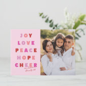 Pink Christmas Typography Joy Love Peace Hope Feestdagenkaart (Staand voorkant)