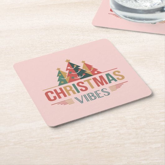 Pink Christmas Vibes Square Coaster Set Kartonnen Onderzetters (Schuin)