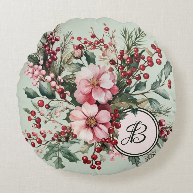 Pink Christmas Watercolor Floral Personalized Roun Rond Kussen (Voorkant)