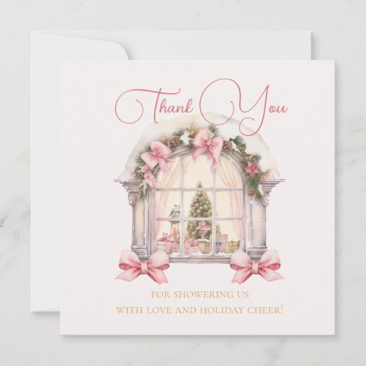 Pink Christmas Window Baby Shower Watercolor Bedankkaart (Voorkant)