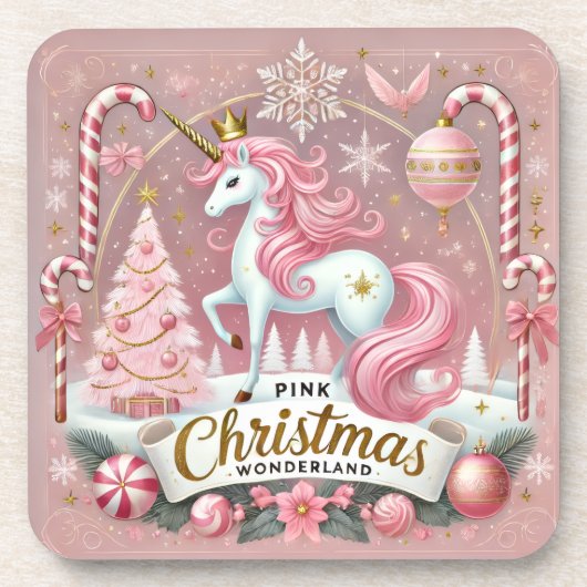 Pink Christmas Wonderland Unicorn Bier Onderzetter (Voorkant)