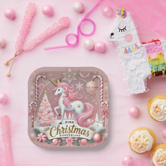 Pink Christmas Wonderland Unicorn  Papieren Bordje (Feest)