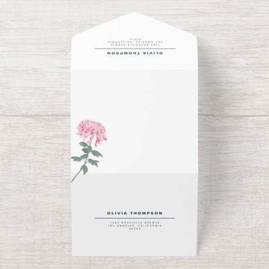Pink Chrysanthemum Botanical Wedding All In One Uitnodiging (Buiten)