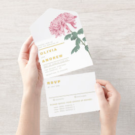 Pink Chrysanthemum Botanical Wedding All In One Uitnodiging