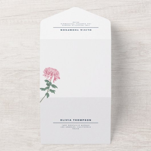 Pink Chrysanthemum Botanical Wedding All In One Uitnodiging (Buitenkant)