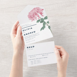 Pink Chrysanthemum Botanical Wedding All In One Uitnodiging
