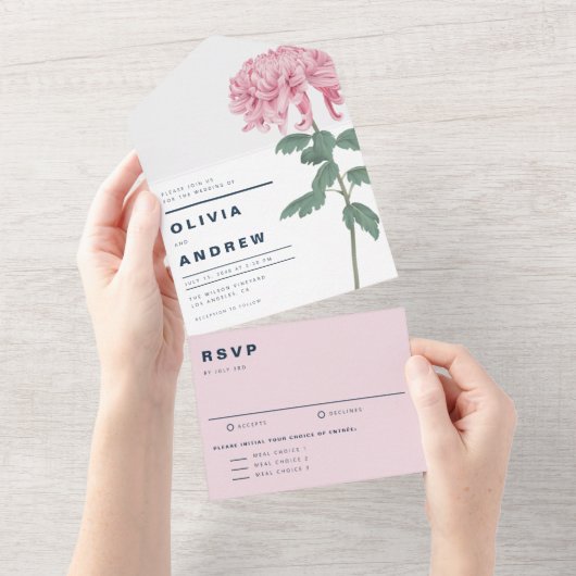 Pink Chrysanthemum Botanical Wedding All In One Uitnodiging (Afscheurbaar)