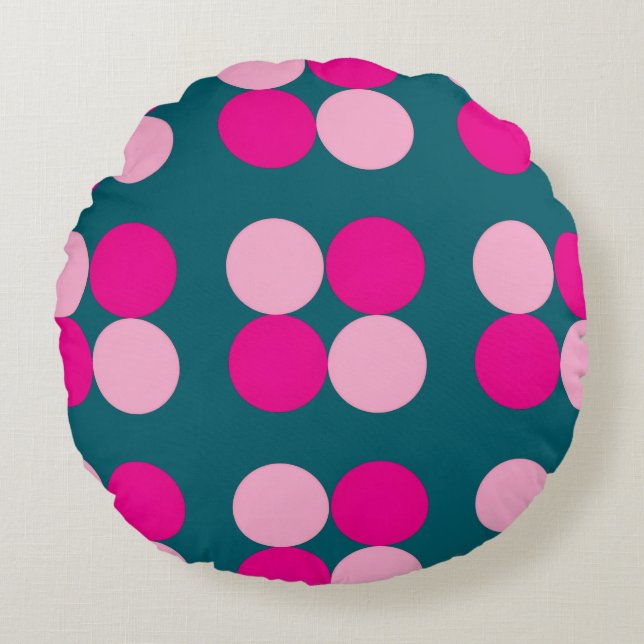 Pink Circles on Green Round Pillow Rond Kussen (Voorkant)