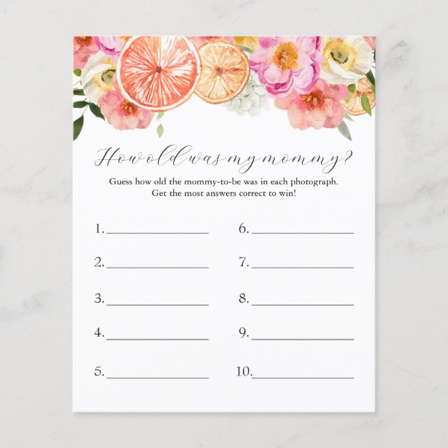 Pink Citrus Hoe oud was mijn mama Baby shower spel (Voorkant)