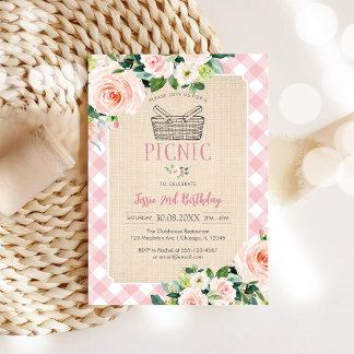 Pink Classic Picnic Birthday Invitation Kaart