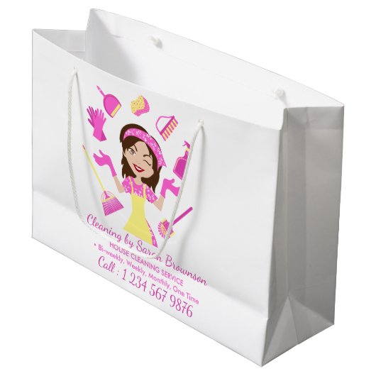 Pink Cleaning Housekeeper Utencils Shopping Bag Groot Cadeauzakje (Voorkant Gekanteld)