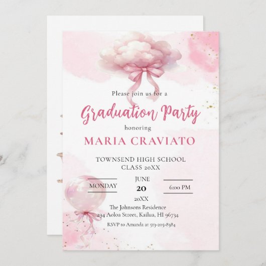 Pink Cloud & Balloon Graduation Party Uitnodiging (Voorkant / Achterkant)