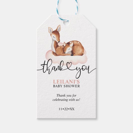 Pink Cloud Waterverf Herten Baby shower Dank u Cadeaulabel (Voorkant)