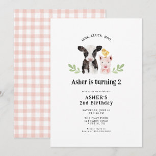 Pink Cluck Moo Pink Gingham Farm Dieren Verjaardag Kaart