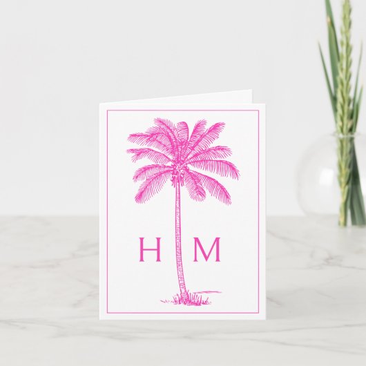 Pink Coastal Palmetto Palm Monogram Notitiekaartje (Voorkant)
