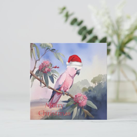 Pink Cockatoo Gala Santa Hat Merry Christmas Feestdagenkaart (Staand voorkant)