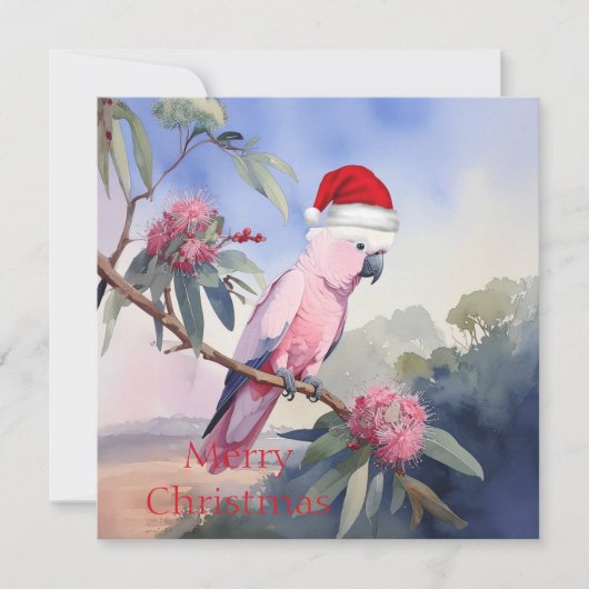 Pink Cockatoo Gala Santa Hat Merry Christmas Feestdagenkaart (Voorkant)