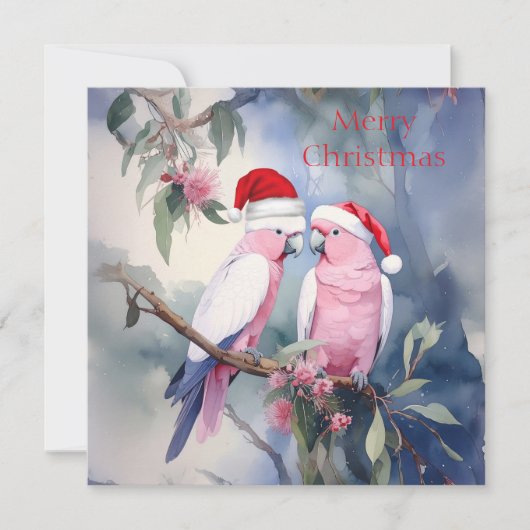 Pink Cockatoos Santa Hat Merry Christmas Feestdagenkaart (Voorkant)