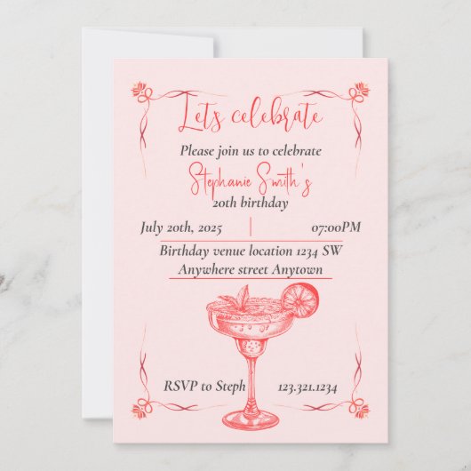 Pink Cocktail Birthday Invitation - Summer Vibe Kaart (Voorkant)