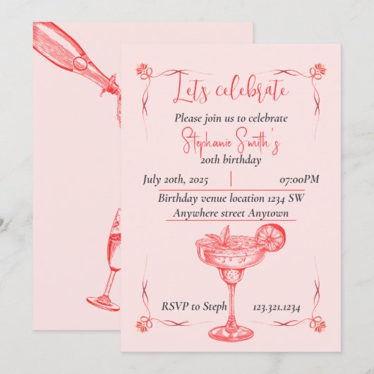 Pink Cocktail Birthday Invitation - Summer Vibe Kaart (Voorkant / Achterkant)