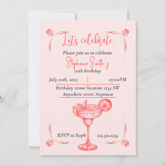 Pink Cocktail Birthday Invitation - Summer Vibe Kaart