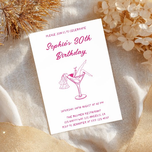 Pink Cocktail Party 30th Birthday | Retro Martini  Kaart