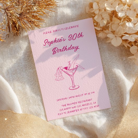 Pink Cocktail Party 30th Birthday | Retro Martini  Kaart