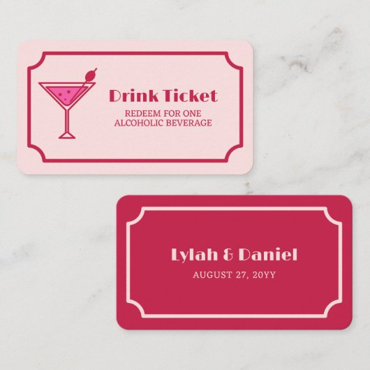 Pink Cocktail Retro Font Wedding Drink Ticket (Voorkant / Achterkant)