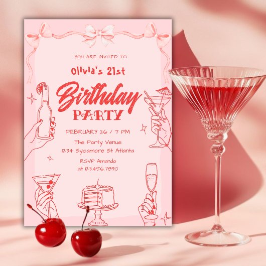 Pink Cocktail Valentine’s Day 21st Birthday Party Kaart