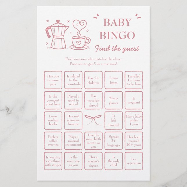 Pink Coffee Find the Guest Baby Bingo Game (Voorkant)