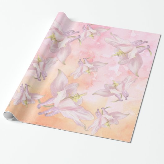 PINK COLUMBINE FLOWER WATERVERF SPLASH CADEAUPAPIER (Uitgerold)