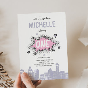 Pink Comics Book Hero 1e Verjaardag uitnodiging