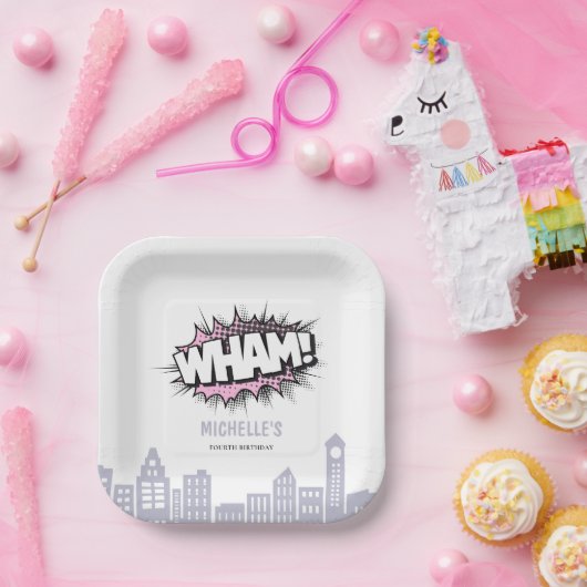 Pink Comics Book Superhero Verjaardag Papieren Bordje (Feest)