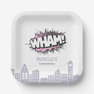 Pink Comics Book Superhero Verjaardag Papieren Bordje