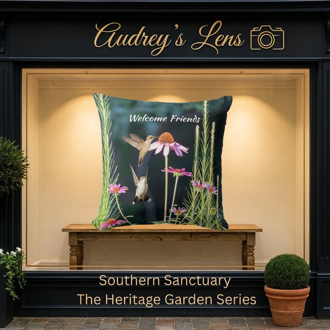 Pink Coneflower & Hummingbirds Welcome Kussen (Creator heeft geüpload)