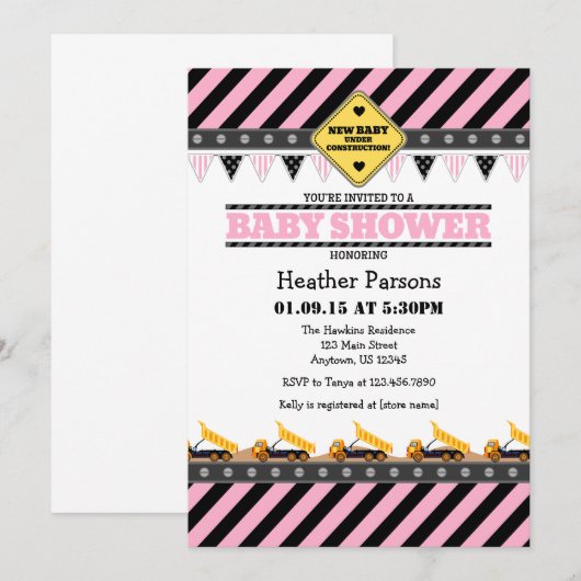 Pink Construction Baby shower Invitation Kaart (Voorkant / Achterkant)